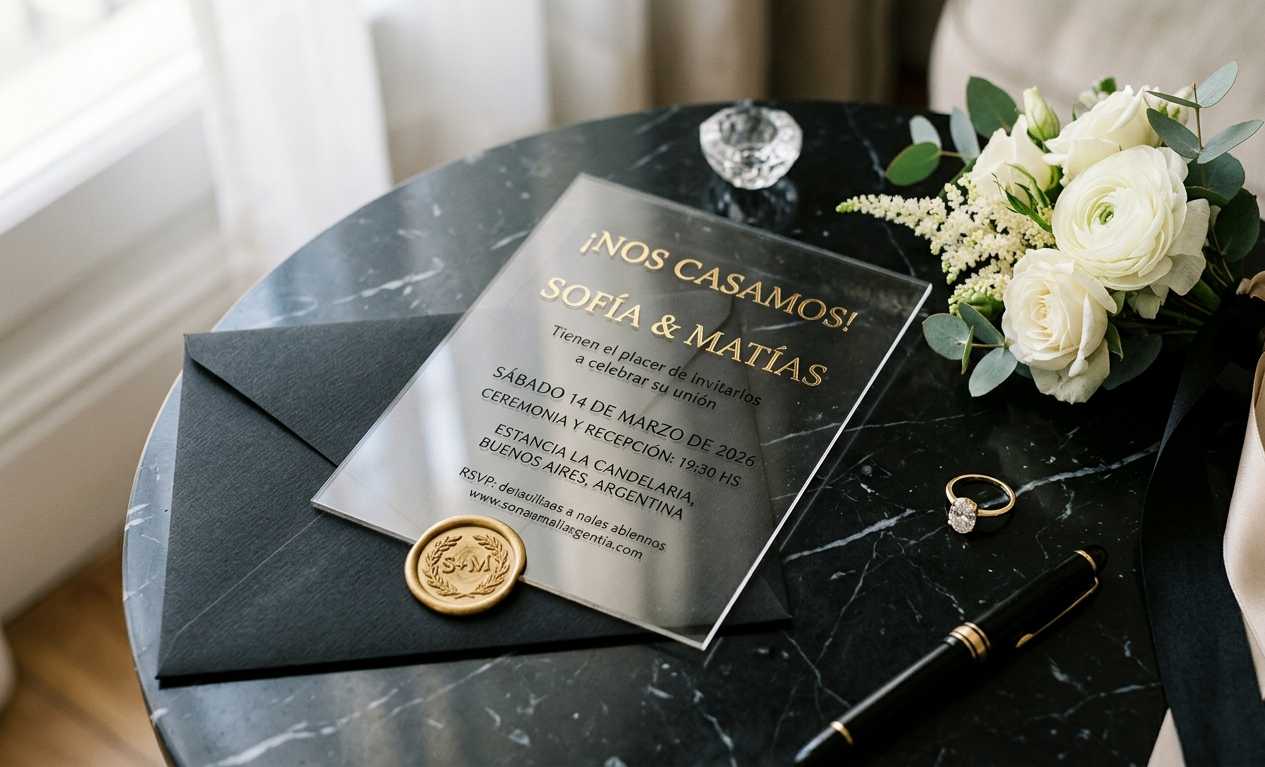 Invitación de casamiento en metacrilato transparente con texto dorado impreso, estilo moderno y lujoso 2026