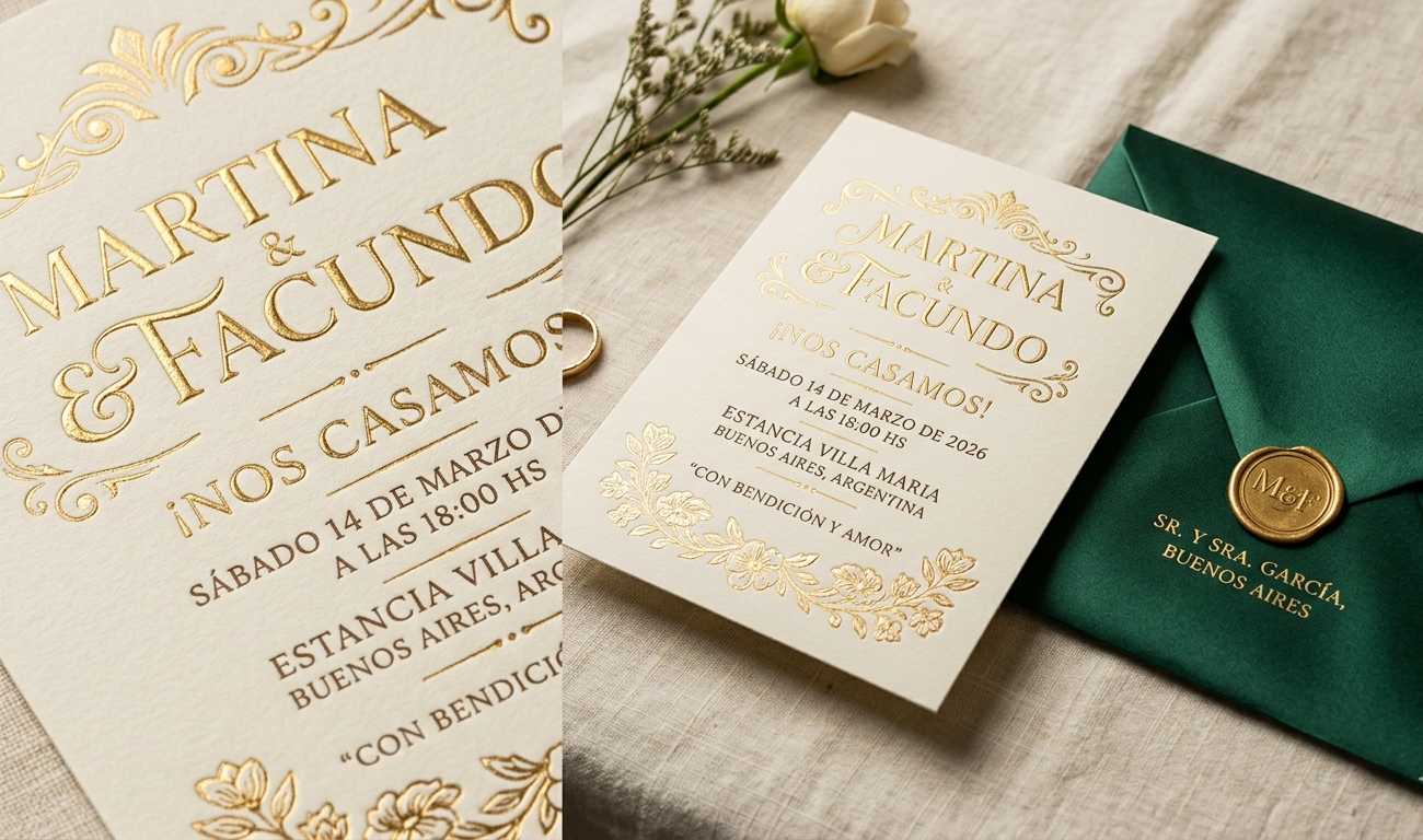 Tarjetas de casamiento con técnica hot stamping dorado en relieve sobre papel de alto gramaje, texturas y tipografía elegante 2026
