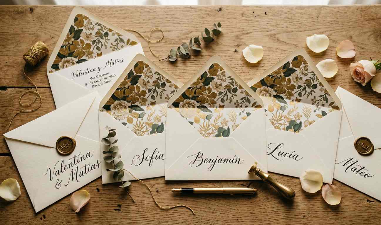 Sobres de invitaciones de casamiento con forro interior estampado, sello de lacre y caligrafía manual en el frente, tendencia 2026