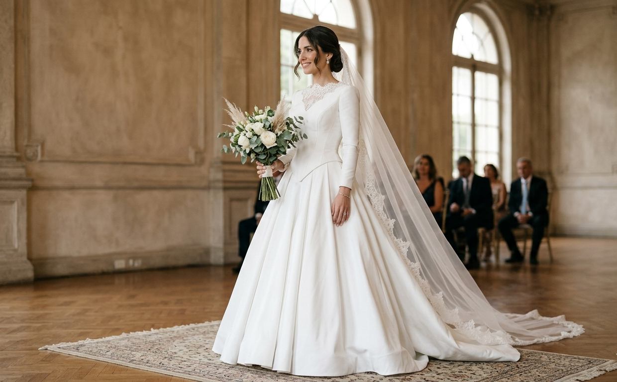 Vestido de novia 2026 con cintura vasca y silueta elegante, detalle estructural en la cadera, estilo sofisticado y moderno