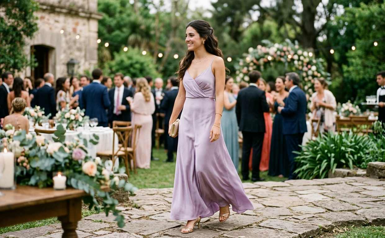Invitada a casamiento 2026 con vestido de fiesta en tendencia: drapeado suave en tono pastel, silueta fluida y elegante