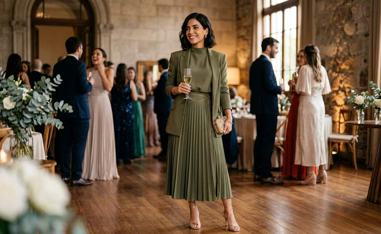 Look de invitada a casamiento 2026 con set coordinado de dos piezas en tono tierra y hombreras sutiles, estilo moderno y elegante