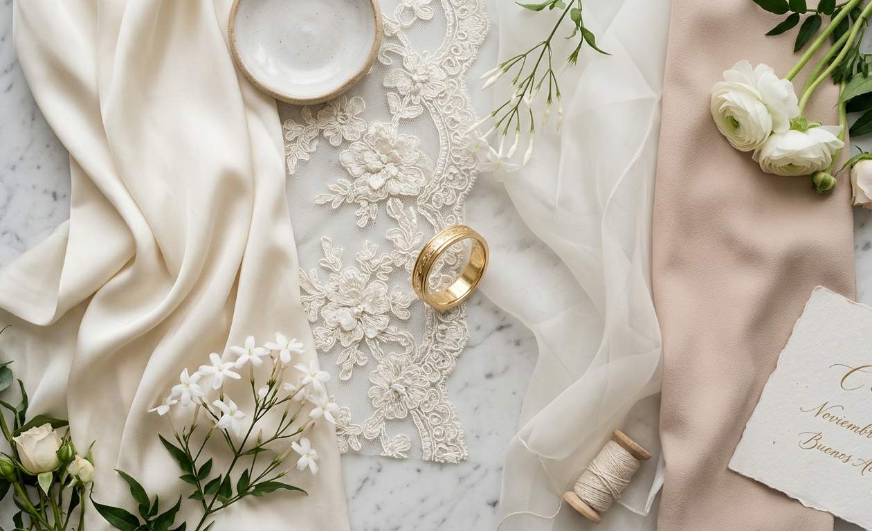 Detalle de telas de vestidos de fiesta 2026: seda, crepé, organza y encaje con flores en relieve sobre fondo neutro