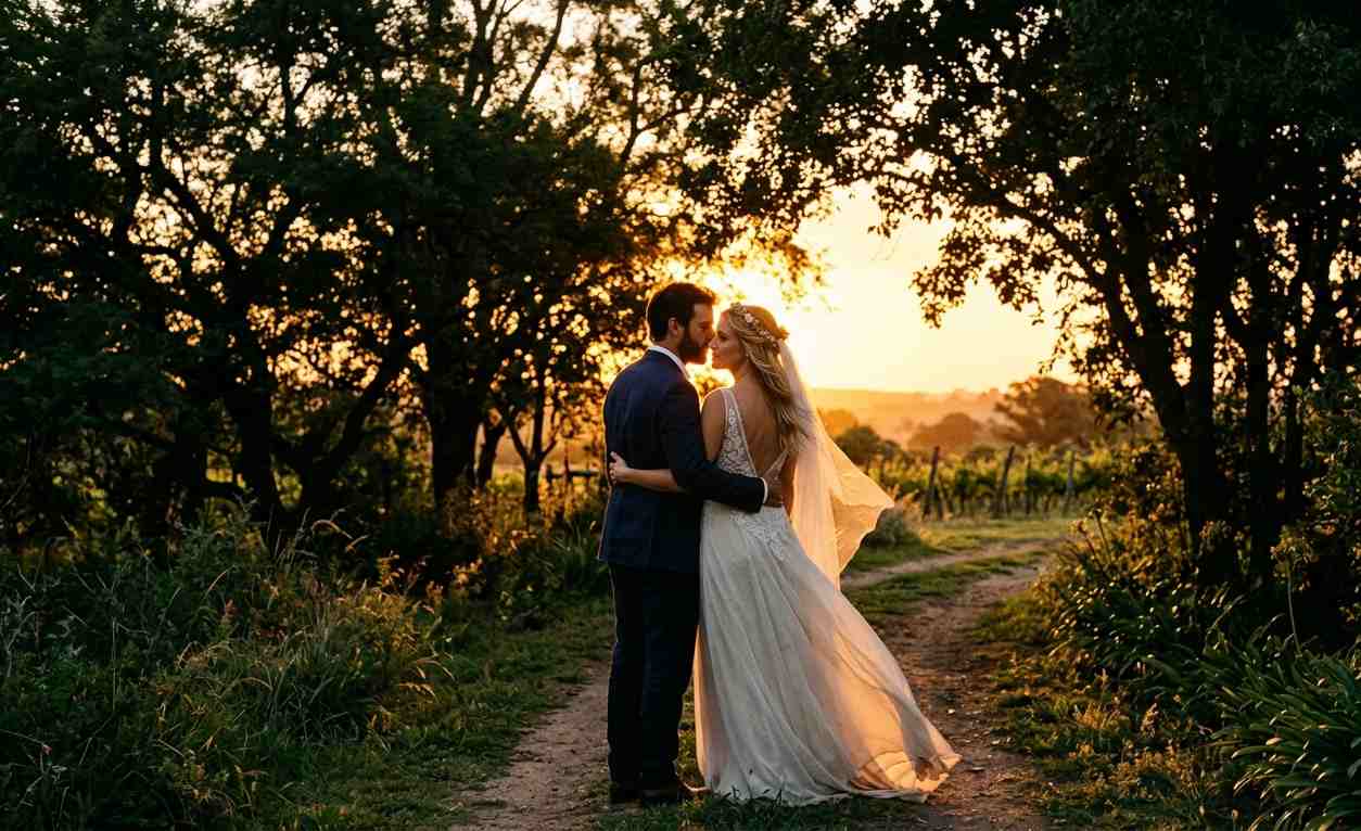 Sesión de fotos de novios durante la golden hour en quinta argentina, luz dorada de atardecer entre los árboles, estilo romántico y cinematográfico