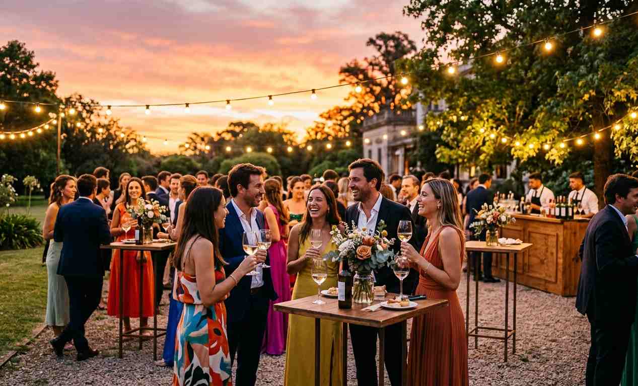 Cóctel de casamiento en quinta al atardecer, invitados de pie en jardín con copas, luces de guirnaldas encendiéndose, transición entre tarde y noche