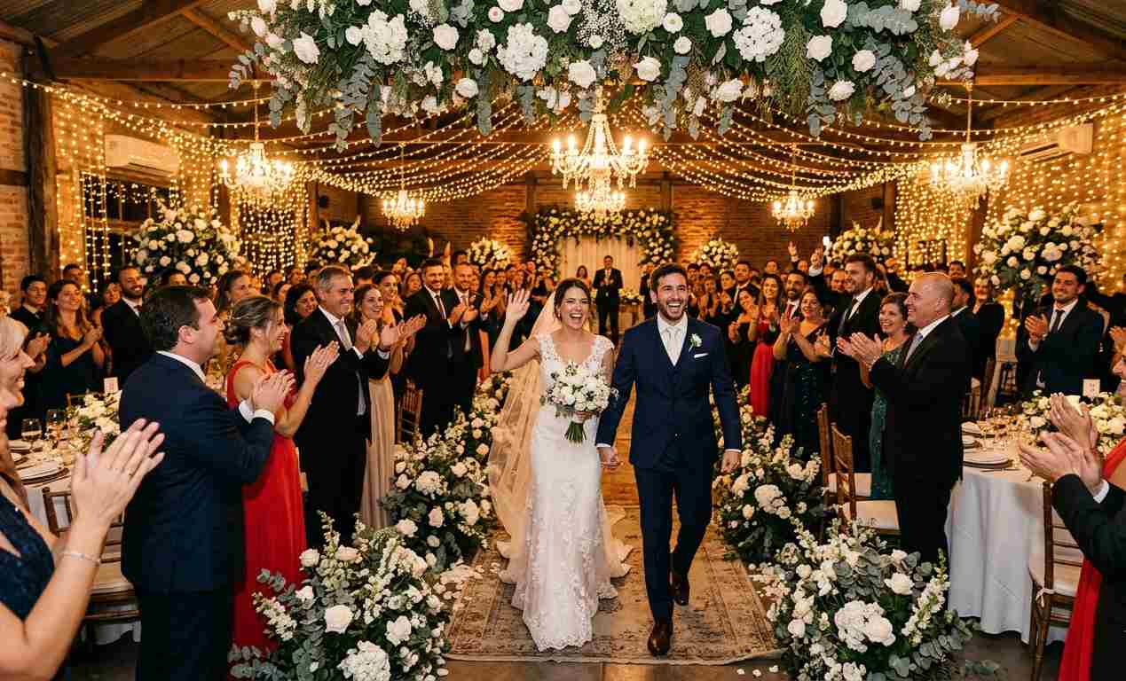 Ingreso de novios al salón de quinta decorado con guirnaldas de luces, invitados aplaudiendo, transición de cóctel al salón de noche