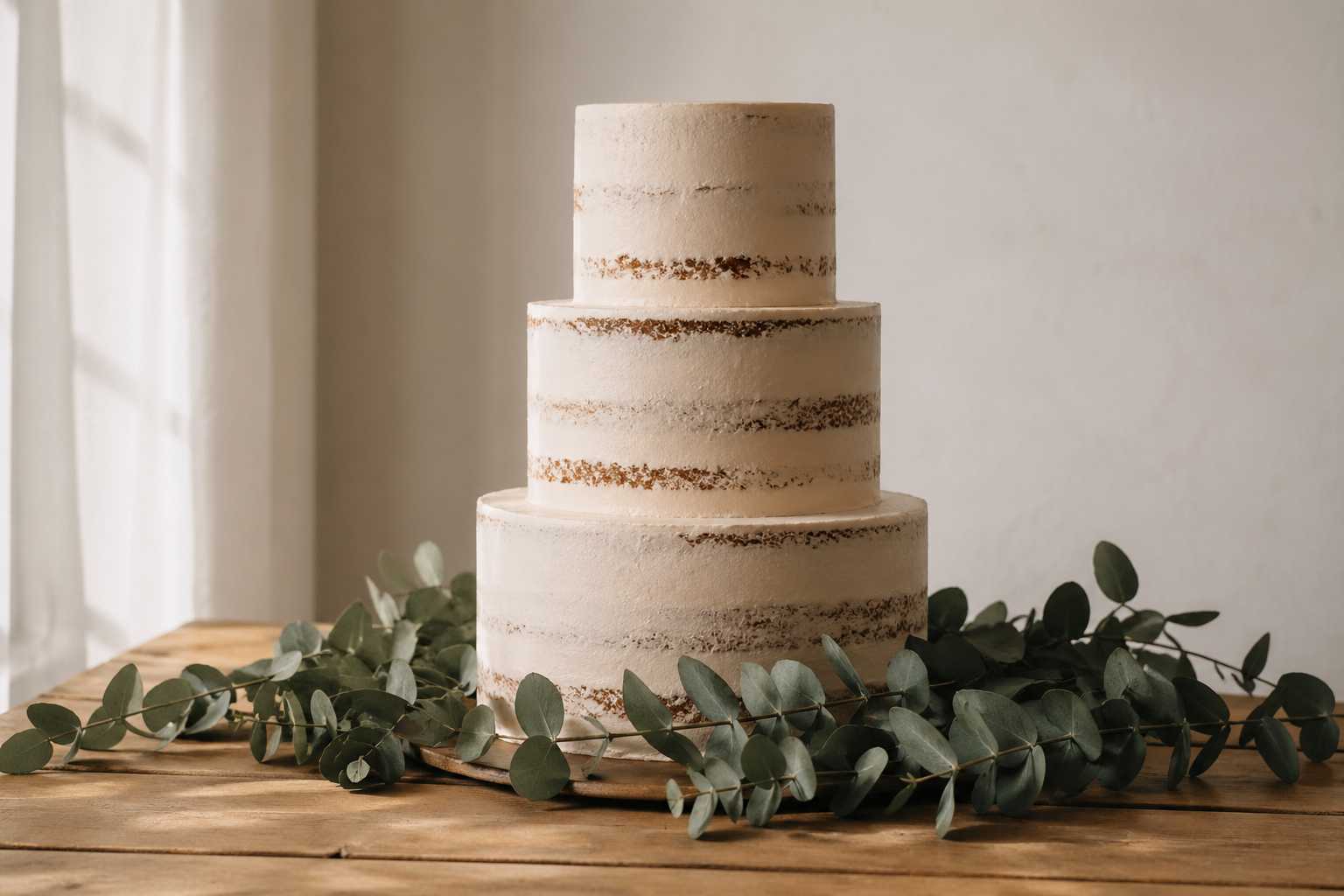 Torta de casamiento minimalista 2026, tres pisos naked cake con acabado de manteca nude, ramas de eucalipto, estilo elegante y moderno