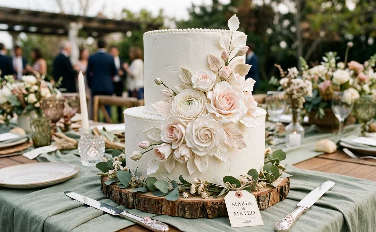 Torta de casamiento 2026 con flores en relieve 3D de azúcar o manteca, colores verde salvia y blanco, decoración escultórica de alta pastelería