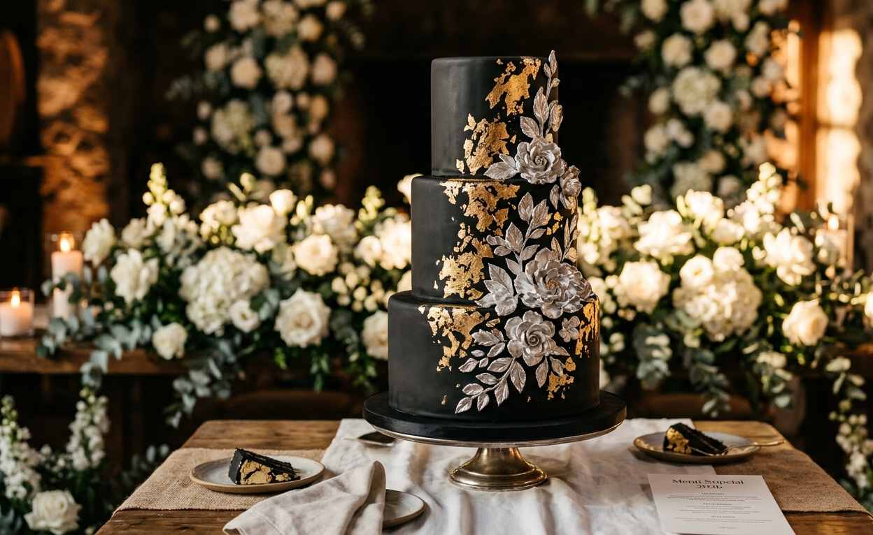 Torta de casamiento 2026 con pan de oro, decoración en color verde oscuro y flores en relieve, estilo sofisticado y moderno para boda argentina