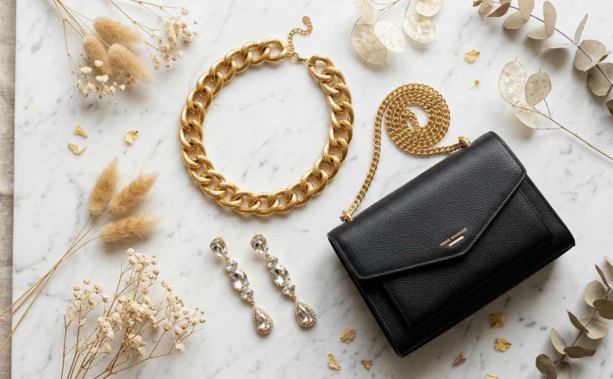 Detalle de accesorios para traje de fiesta con pantalón en casamiento: collar statement dorado, aretes largos de cristal y bolso de mano estructurado