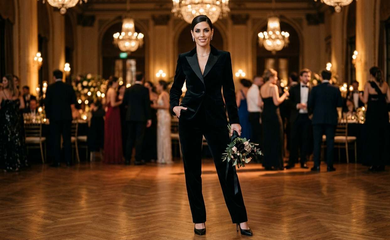 Mujer con sastre femenino de terciopelo negro para casamiento de noche, pantalón tiro alto y saco con solapas, estilo sofisticado y poderoso