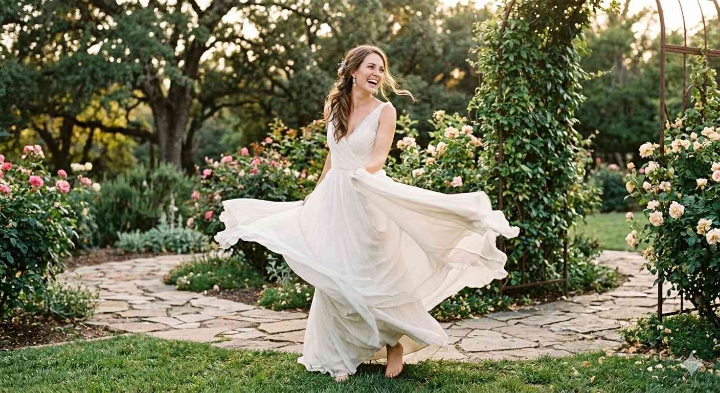 Vestido de novia fluido en chifón para casamiento al aire libre de día