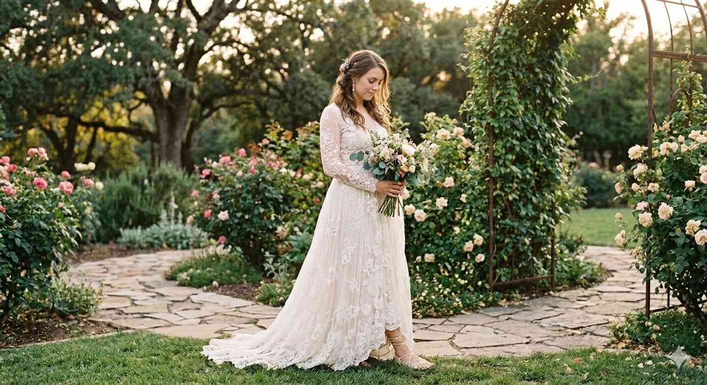Vestido de novia romántico boho con encaje para casamiento en quinta al aire libre