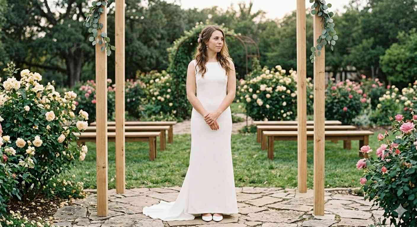 Vestido de novia minimalista de líneas limpias para casamiento de día en exterior