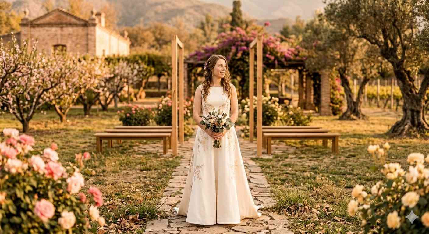 Novia con vestido en tono marfil y champagne en jardín al aire libre de día