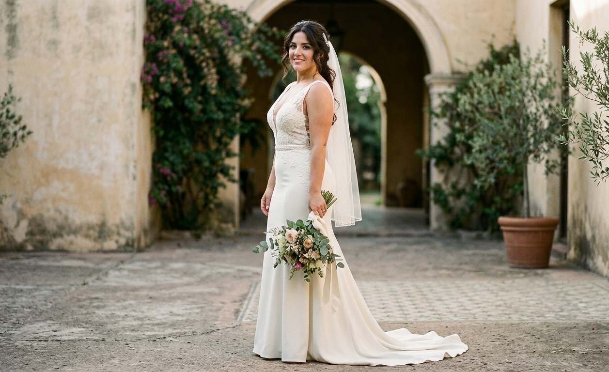 Novia con cuerpo de curvas pronunciadas con vestido corte sirena ajustado en blanco marfil, cola de tren, atelier a medida Argentina 2026