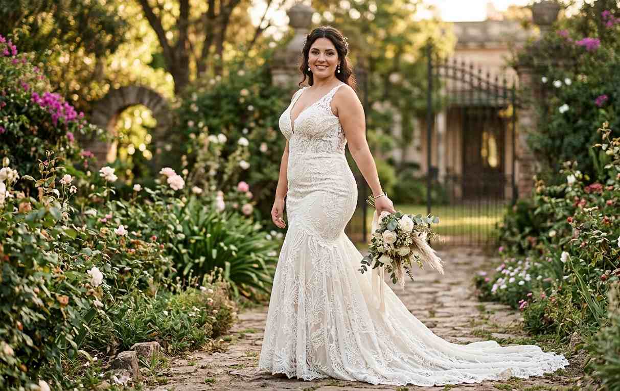 Novia con vestido corte sirena en encaje marfil, silueta de caderas amplias, look nupcial elegante y empoderado, atelier Argentina 2026