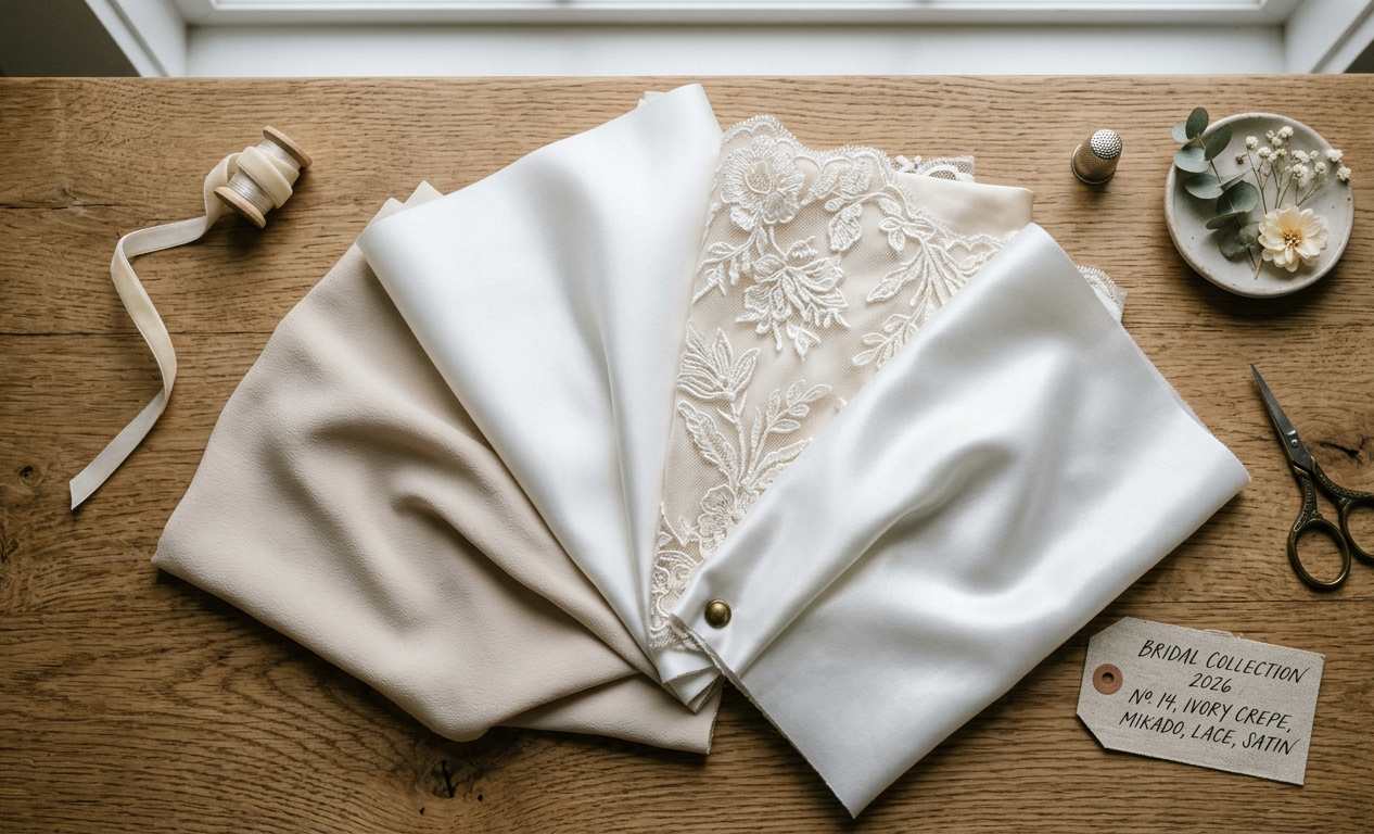 Detalle de telas para vestido de novia corte sirena 2026: crepé satinado, encaje calado y mikado, diferentes texturas nupciales Argentina