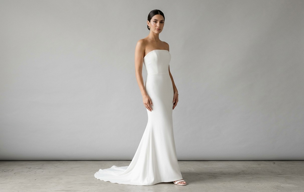 Vestido de novia corte sirena minimalista 2026 en crepé blanco sin adornos, escote recto, silueta limpia y contemporánea, atelier a medida Argentina