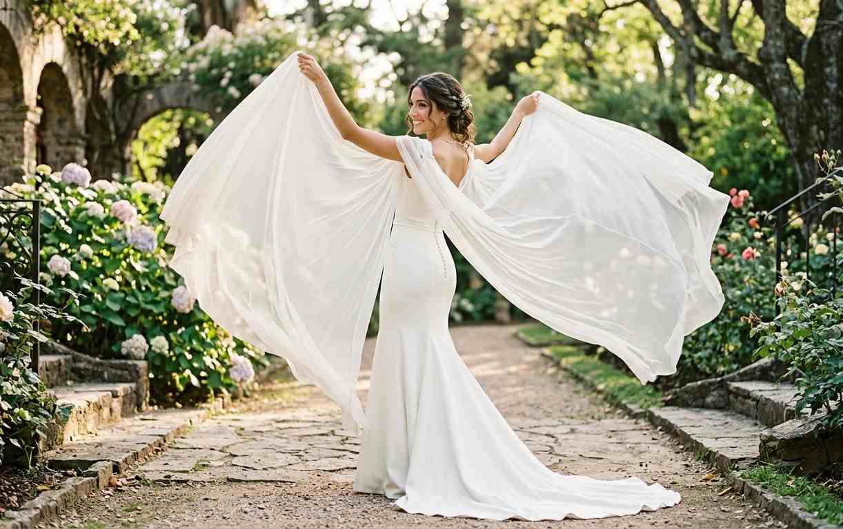 Vestido de novia corte sirena con capa desmontable 2026, dos looks en uno, tendencia nupcial Argentina atelier a medida